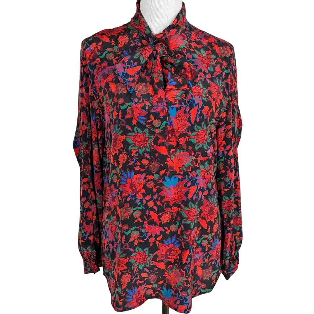 Rag & Bone Emily Floral Long Sleeve Tie‑Neck Silk Top, Size M - Picture 3 of 12
